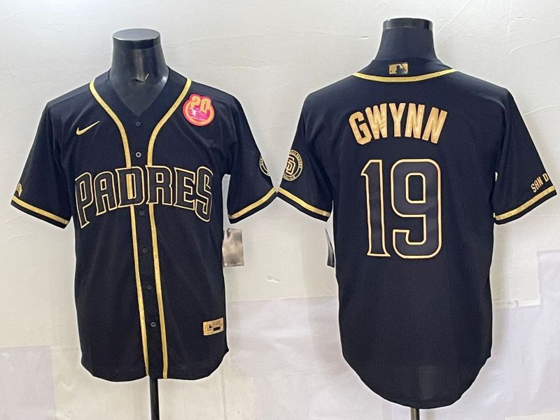 Men 2025 San Diego Padres #19 Gwynn Black Gold Throwback Nike MLB Jersey style 07